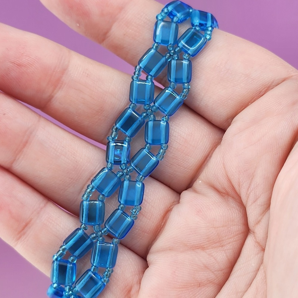 Blue Glass Bead Bracelet Woven Square Beads Heart Toggle Clasp Boho Jewelry